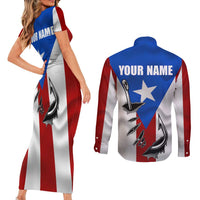 Puerto Rico Fishing Couples Matching Short Sleeve Bodycon Dress and Long Sleeve Button Shirt Fish Hook Flag PR Custom Name - Wonder Print Shop