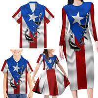 Puerto Rico Fishing Family Matching Long Sleeve Bodycon Dress and Hawaiian Shirt Fish Hook Flag PR Custom Name - Wonder Print Shop