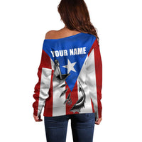 Puerto Rico Fishing Off Shoulder Sweater Fish Hook Flag PR Custom Name - Wonder Print Shop