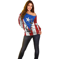 Puerto Rico Fishing Off Shoulder Sweater Fish Hook Flag PR Custom Name - Wonder Print Shop