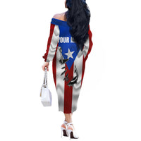 Puerto Rico Fishing Off The Shoulder Long Sleeve Dress Fish Hook Flag PR Custom Name - Wonder Print Shop