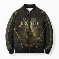 Personalized Muscular Goblin Weightlifting Bomber Puffer Jacket Pain For Growth Dark Fantasy Gym Graphic