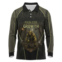 Personalized Muscular Goblin Weightlifting Long Sleeve Polo Shirt Pain For Growth Dark Fantasy Gym Graphic