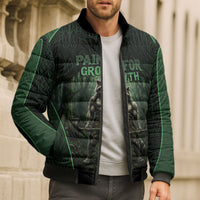 Personalized Muscular Raccoon Weightlifting Bomber Puffer Jacket Pain For Growth Dark Fantasy Gym Graphic