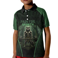 Personalized Muscular Raccoon Weightlifting Kid Polo Shirt Pain For Growth Dark Fantasy Gym Graphic