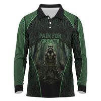 Personalized Muscular Raccoon Weightlifting Long Sleeve Polo Shirt Pain For Growth Dark Fantasy Gym Graphic