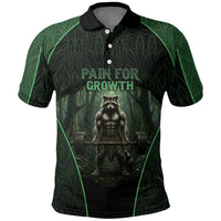 Personalized Muscular Raccoon Weightlifting Polo Shirt Pain For Growth Dark Fantasy Gym Graphic