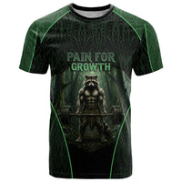Personalized Muscular Raccoon Weightlifting T Shirt Pain For Growth Dark Fantasy Gym Graphic