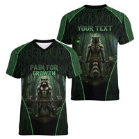 Personalized Muscular Raccoon Weightlifting Women V-Neck T-Shirt Pain For Growth Dark Fantasy Gym Graphic