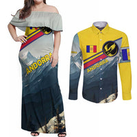 Andorra Couples Matching Off Shoulder Maxi Dress and Long Sleeve Button Shirt with Mountain Ridge and Eagle Emblem Design - Wonder Print Shop