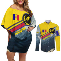 Andorra Couples Matching Off Shoulder Short Dress and Long Sleeve Button Shirt with Mountain Ridge and Eagle Emblem Design - Wonder Print Shop