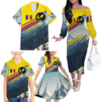 Andorra Family Matching Off The Shoulder Long Sleeve Dress and Hawaiian Shirt with Mountain Ridge and Eagle Emblem Design - Wonder Print Shop