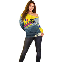 Andorra Off Shoulder Sweater with Mountain Ridge and Eagle Emblem Design - Wonder Print Shop