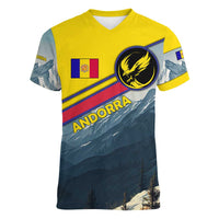 Andorra Women V-Neck T-Shirt with Mountain Ridge and Eagle Emblem Design - Wonder Print Shop