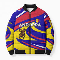 Andorra Bomber Puffer Jacket with Cartoon Ibex and Swirl Stripe Design - Wonder Print Shop