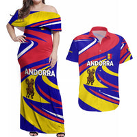Andorra Couples Matching Off Shoulder Maxi Dress and Hawaiian Shirt with Cartoon Ibex and Swirl Stripe Design - Wonder Print Shop