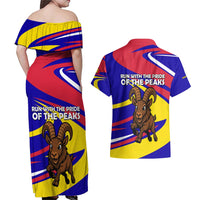 Andorra Couples Matching Off Shoulder Maxi Dress and Hawaiian Shirt with Cartoon Ibex and Swirl Stripe Design - Wonder Print Shop