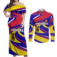 Andorra Couples Matching Off Shoulder Maxi Dress and Long Sleeve Button Shirt with Cartoon Ibex and Swirl Stripe Design - Wonder Print Shop