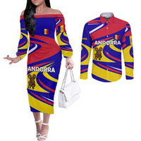 Andorra Couples Matching Off The Shoulder Long Sleeve Dress and Long Sleeve Button Shirt with Cartoon Ibex and Swirl Stripe Design - Wonder Print Shop