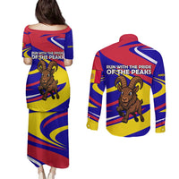 Andorra Couples Matching Puletasi and Long Sleeve Button Shirt with Cartoon Ibex and Swirl Stripe Design - Wonder Print Shop