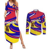 Andorra Couples Matching Summer Maxi Dress and Long Sleeve Button Shirt with Cartoon Ibex and Swirl Stripe Design - Wonder Print Shop