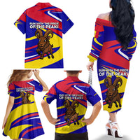 Andorra Family Matching Off The Shoulder Long Sleeve Dress and Hawaiian Shirt with Cartoon Ibex and Swirl Stripe Design - Wonder Print Shop