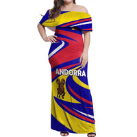 Andorra Off Shoulder Maxi Dress with Cartoon Ibex and Swirl Stripe Design - Wonder Print Shop
