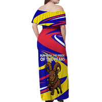 Andorra Off Shoulder Maxi Dress with Cartoon Ibex and Swirl Stripe Design - Wonder Print Shop