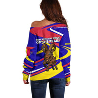 Andorra Off Shoulder Sweater with Cartoon Ibex and Swirl Stripe Design - Wonder Print Shop