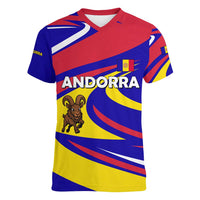 Andorra Women V-Neck T-Shirt with Cartoon Ibex and Swirl Stripe Design - Wonder Print Shop