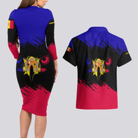 Andorra Couples Matching Long Sleeve Bodycon Dress and Hawaiian Shirt with Eagle Eyes and Paint Stroke Design - Wonder Print Shop