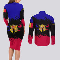 Andorra Couples Matching Long Sleeve Bodycon Dress and Long Sleeve Button Shirt with Eagle Eyes and Paint Stroke Design - Wonder Print Shop
