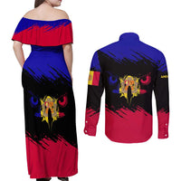 Andorra Couples Matching Off Shoulder Maxi Dress and Long Sleeve Button Shirt with Eagle Eyes and Paint Stroke Design - Wonder Print Shop