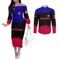 Andorra Couples Matching Off The Shoulder Long Sleeve Dress and Long Sleeve Button Shirt with Eagle Eyes and Paint Stroke Design - Wonder Print Shop