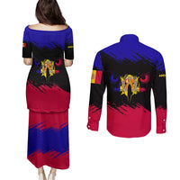 Andorra Couples Matching Puletasi and Long Sleeve Button Shirt with Eagle Eyes and Paint Stroke Design - Wonder Print Shop