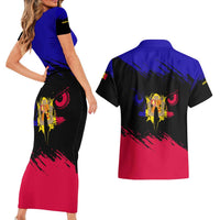 Andorra Couples Matching Short Sleeve Bodycon Dress and Hawaiian Shirt with Eagle Eyes and Paint Stroke Design - Wonder Print Shop