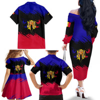 Andorra Family Matching Off The Shoulder Long Sleeve Dress and Hawaiian Shirt with Eagle Eyes and Paint Stroke Design - Wonder Print Shop