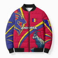 Andorra Bomber Puffer Jacket with Mountain Goat and Curved Stripe Design - Wonder Print Shop