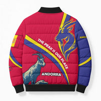 Andorra Bomber Puffer Jacket with Mountain Goat and Curved Stripe Design - Wonder Print Shop