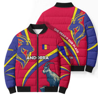 Andorra Bomber Puffer Jacket with Mountain Goat and Curved Stripe Design - Wonder Print Shop