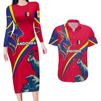 Andorra Couples Matching Long Sleeve Bodycon Dress and Hawaiian Shirt with Mountain Goat and Curved Stripe Design - Wonder Print Shop
