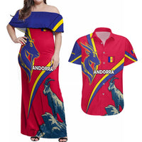 Andorra Couples Matching Off Shoulder Maxi Dress and Hawaiian Shirt with Mountain Goat and Curved Stripe Design - Wonder Print Shop