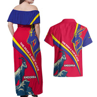 Andorra Couples Matching Off Shoulder Maxi Dress and Hawaiian Shirt with Mountain Goat and Curved Stripe Design - Wonder Print Shop