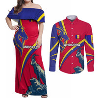 Andorra Couples Matching Off Shoulder Maxi Dress and Long Sleeve Button Shirt with Mountain Goat and Curved Stripe Design - Wonder Print Shop