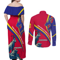 Andorra Couples Matching Off Shoulder Maxi Dress and Long Sleeve Button Shirt with Mountain Goat and Curved Stripe Design - Wonder Print Shop
