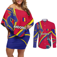 Andorra Couples Matching Off Shoulder Short Dress and Long Sleeve Button Shirt with Mountain Goat and Curved Stripe Design - Wonder Print Shop