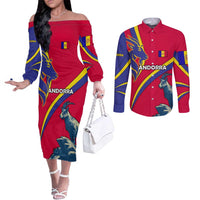 Andorra Couples Matching Off The Shoulder Long Sleeve Dress and Long Sleeve Button Shirt with Mountain Goat and Curved Stripe Design - Wonder Print Shop
