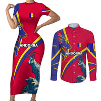 Andorra Couples Matching Short Sleeve Bodycon Dress and Long Sleeve Button Shirt with Mountain Goat and Curved Stripe Design - Wonder Print Shop