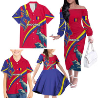 Andorra Family Matching Off The Shoulder Long Sleeve Dress and Hawaiian Shirt with Mountain Goat and Curved Stripe Design - Wonder Print Shop
