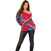 Andorra Off Shoulder Sweater with Mountain Goat and Curved Stripe Design - Wonder Print Shop